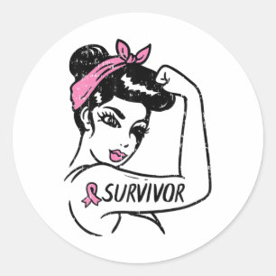 Brustkrebsüberlebung Rosie Riveter Pink Awarenes Runder Aufkleber