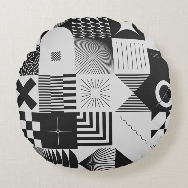 Brutalismus Kunst: Vintage geometrische Muster Rundes Kissen (Vorderseite)