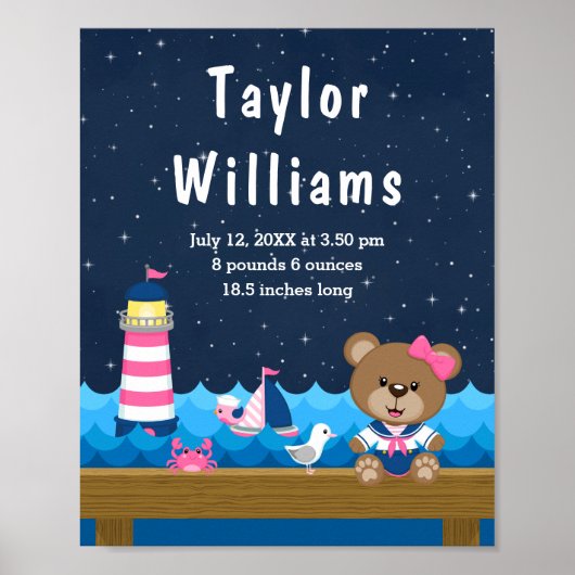 Brutstatistik der Nautical Girl Bear Pink Navy Poster (Vorne)