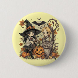 Bruxinhas Kawaii com Gatinho e Abóboras  Button