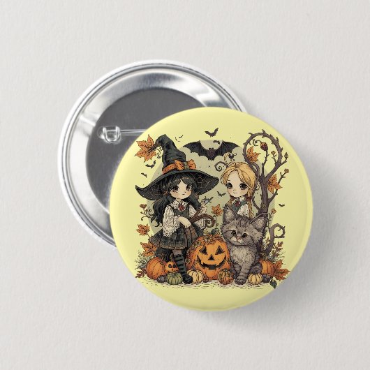 Bruxinhas Kawaii com Gatinho e Abóboras  Button (Vorne & Hinten)