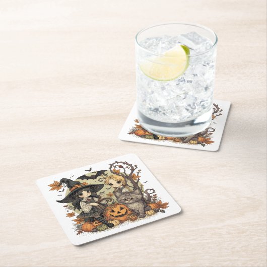 Bruxinhas Kawaii com Gatinho e Abóboras  Rechteckiger Pappuntersetzer (Vor Ort)