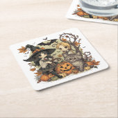 Bruxinhas Kawaii com Gatinho e Abóboras  Rechteckiger Pappuntersetzer (angewinkelt)