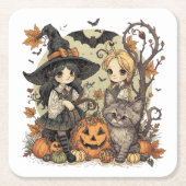 Bruxinhas Kawaii com Gatinho e Abóboras  Rechteckiger Pappuntersetzer (Vorderseite)