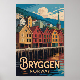 Bryggen Norwegen Illustration Reise Kunst Bergen Poster
