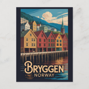 Bryggen Norwegen Illustration Reise Kunst Bergen Postkarte