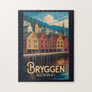 Bryggen Norwegen Illustration Reise Kunst Bergen Puzzle