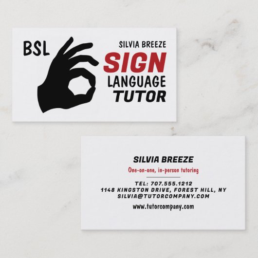 BSL, Okay Gesture, Zeichensprache Tutor, Lehrer Visitenkarte (Vorne/Hinten)