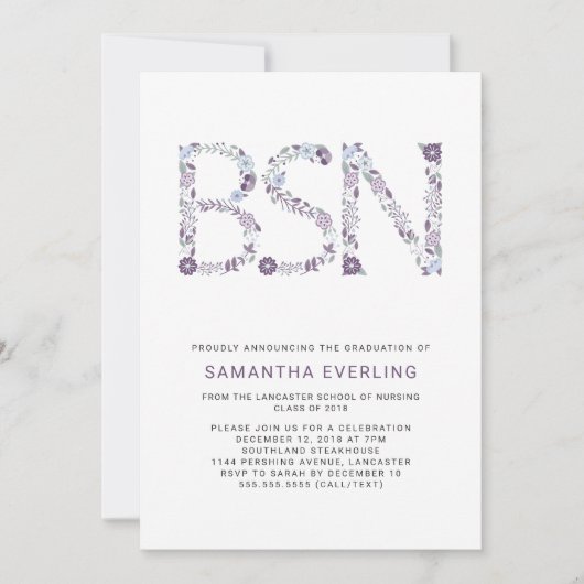 BSN Abschluss feiern, Blumenschwester lila Einladung (Vorderseite)