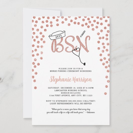 BSN Krankenschwester Abschluss Rose Goldpfeffer Einladung (Vorderseite)