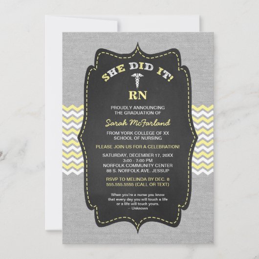 BSN Nurse Abschluss lädt, gelbe Tafel Einladung (Vorderseite)