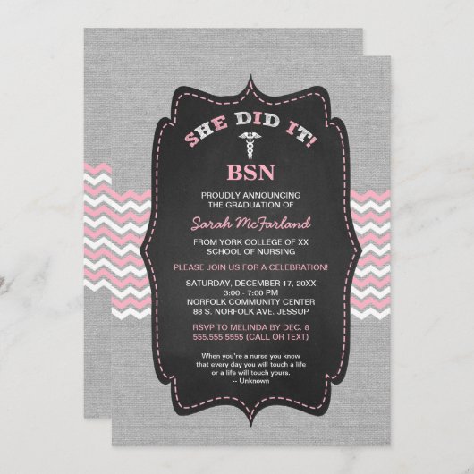 BSN Nurse Abschluss lädt, PINK graue Tafel Einladung (Vorne/Hinten)