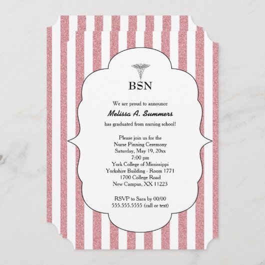 BSN Nurse Abschluss lädt zum Glitzer Rosa Blush ei Einladung (Vorne/Hinten)