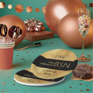 BSN NURSE Abschluss RN LPN Name Black Imitats Gold Pappteller
