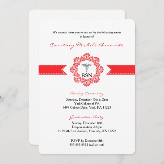 BSN RN Abschluss / Pinning Zeremonie / Rot Einladung (Vorne/Hinten)
