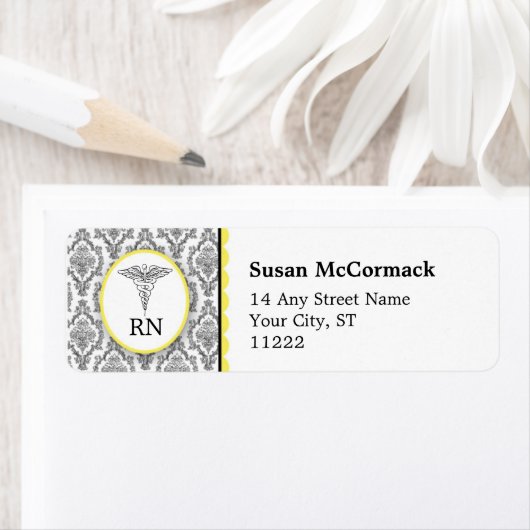 BSN RN LPN Damask Caduceus Black Gelb (Insitu)