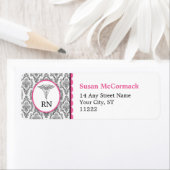 BSN RN LPN Damask Caduceus Black Hot rosa (Insitu)