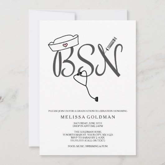 BSN RN Pflegepersonal Abschluss lädt ein, einfach  Einladung (Vorderseite)