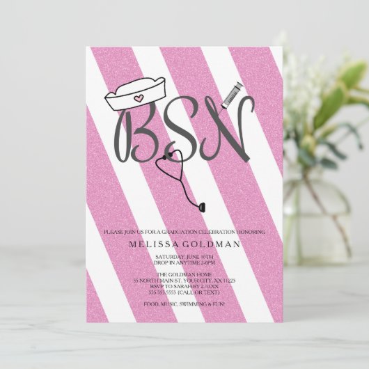 BSN RN Pflegepersonal Abschluss lädt heißen rosa G Einladung (Stehend Vorderseite)