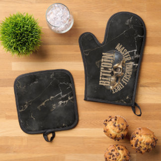 BTC Motivation | Totenkopf | Goldmarmor Ofenhandschuh & Topflappen-Set
