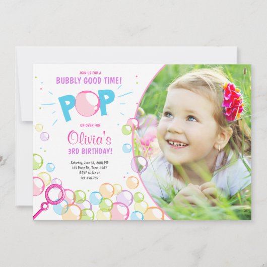Bubble Birthday Party Einladung POP Birthday Girl (Vorderseite)