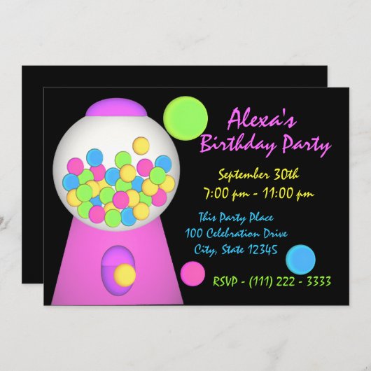 Bubble Gum Birthday Einladung (Vorne/Hinten)