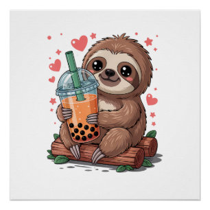 Bubble Kawaii Faultier Trinkt Boba Tee T-Shirt Poster