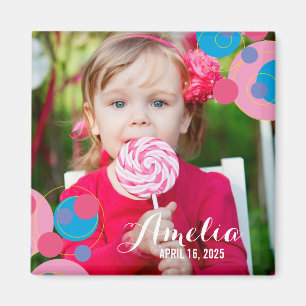 Bubble Pink & Blue Polka Dots Kindergeburtstag Fot Magnet