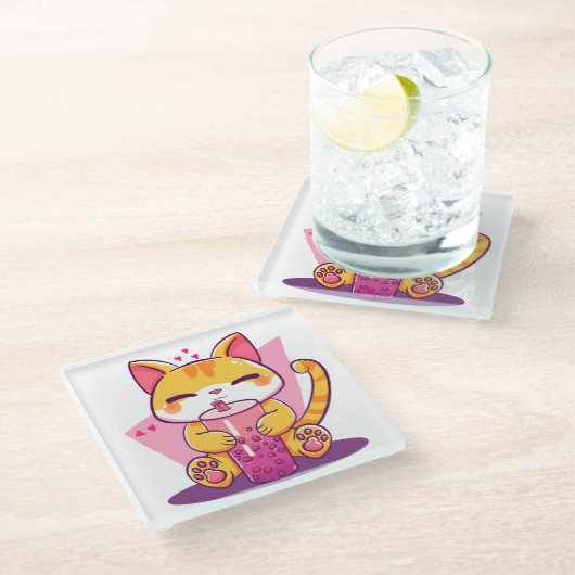 Bubble Tea Kitty Glasuntersetzer (Schrägansicht)