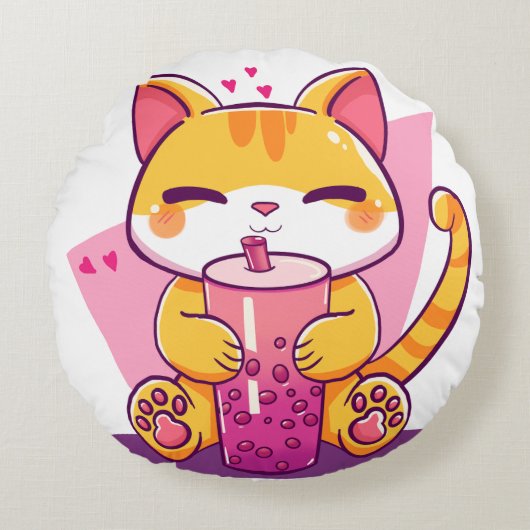 Bubble Tea Kitty Rundes Kissen (Vorderseite)