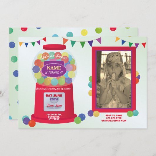 Bubblegum Machine Birthday Süßigkeiten Leckereien Einladung (Vorne/Hinten)