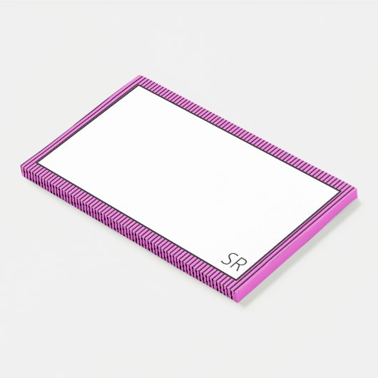 Bubblegum Pink Black Striping Border | Monogramm Post-it Klebezettel (angewinkelt)
