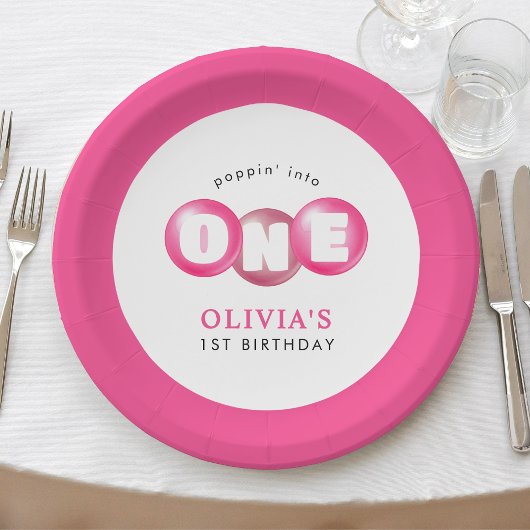 Bubblegum Pink Poppin Girl 1. Geburtstag Party Pappteller