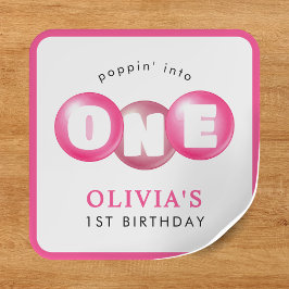 Bubblegum Pink Poppin Girl 1. Geburtstag Party Quadratischer Aufkleber