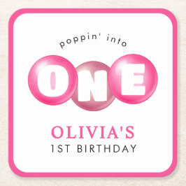 Bubblegum Pink Poppin Girl 1. Geburtstag Party Rechteckiger Pappuntersetzer