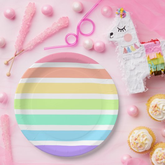 Bubblegum Regenbogen und weiße Streifen Pappteller (Party)