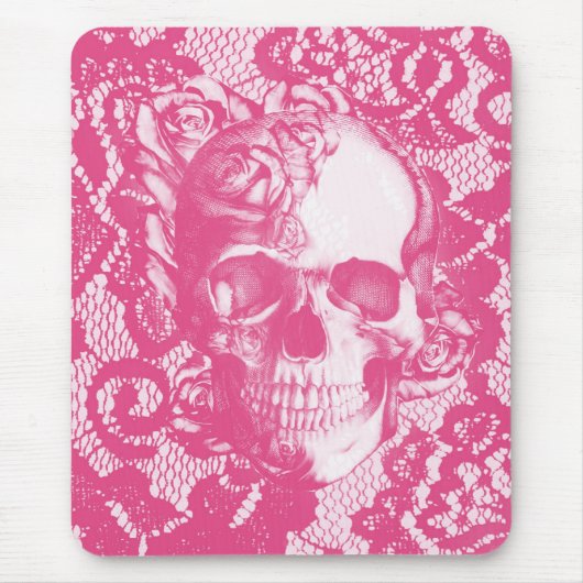 Bubblegum rosa Rosenschädel auf Spitze Mousepad (Vorne)