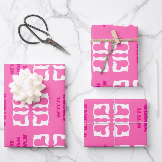 Bubblegum Rosa und Weiße Herzen Geschenkpapier Set (Vorderseite)