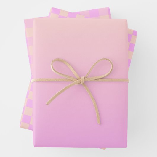 Bubblegum & Soft Peach Ombre Checkered Gingham Geschenkpapier Set (Beispiel)