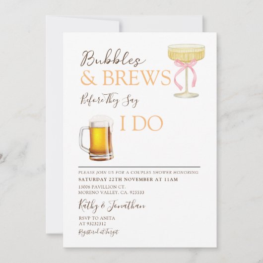 Bubbles and Brews Paare Hochzeitsdusche Einladung (Vorderseite)