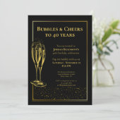 Bubbles and Cheers Black Gold 40th Birthday Party Einladung (Stehend Vorderseite)