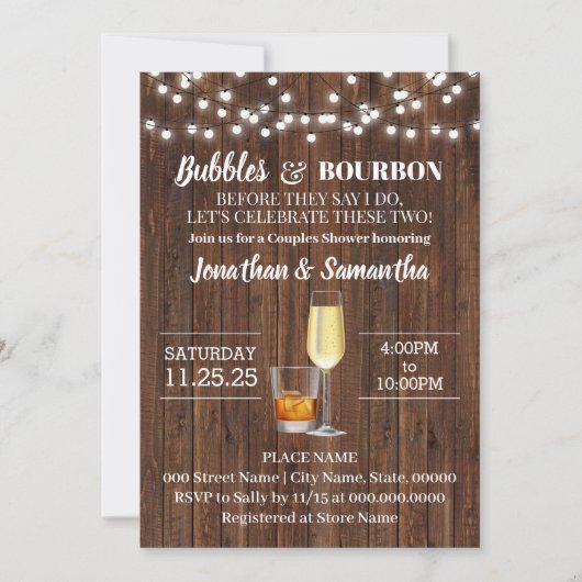 Bubbles & Bourbon bevor ich rustikale Hochzeit mac Einladung (Vorderseite)