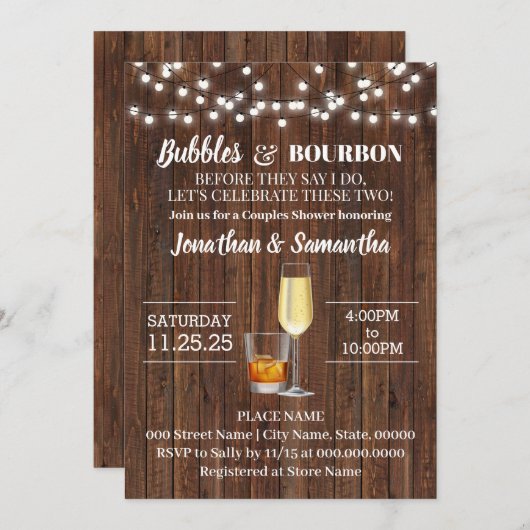 Bubbles & Bourbon bevor ich rustikale Hochzeit mac Einladung (Vorne/Hinten)