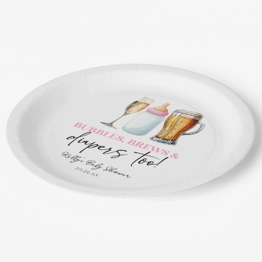 Bubbles Brews and Diapers Too! Baby Shower Pappteller (Schrägansicht)