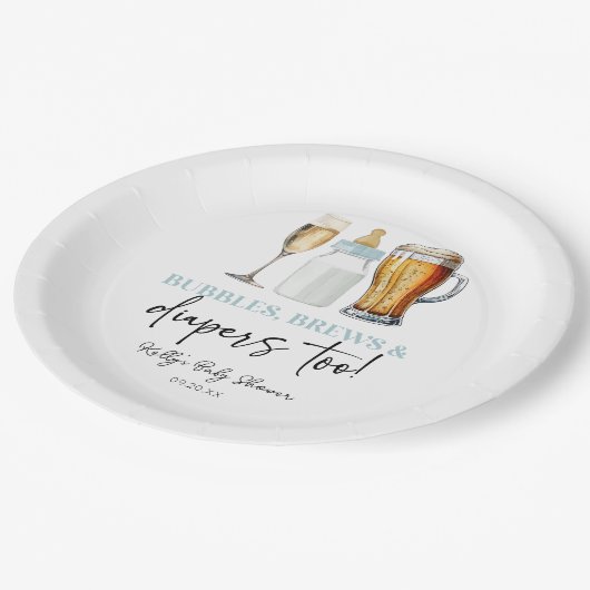 Bubbles Brews and Diapers Too! Baby Shower Pappteller (Schrägansicht)