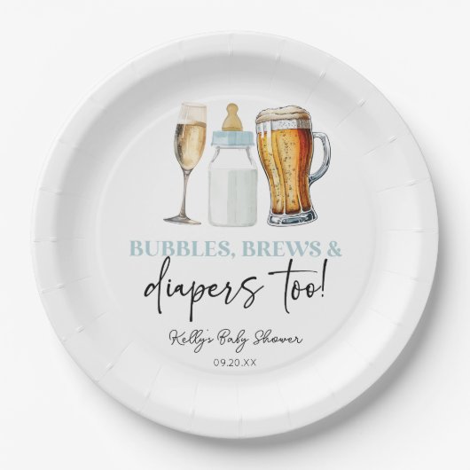 Bubbles Brews and Diapers Too! Baby Shower Pappteller (Vorderseite)