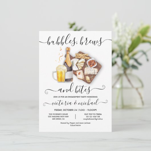 Bubbles Brews & Bites Engagement Party Einladung (Stehend Vorderseite)