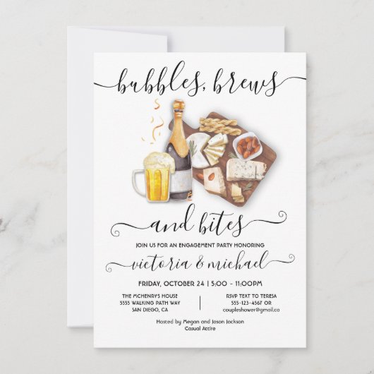 Bubbles Brews & Bites Engagement Party Einladung (Vorderseite)