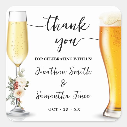 Bubbles & Brews Danke Winterhochzeit Quadratischer Aufkleber (Vorderseite)