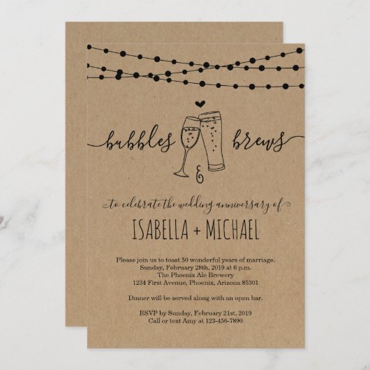 Bubbles & Brews Hochzeitstag Party Einladung (Vorne/Hinten)